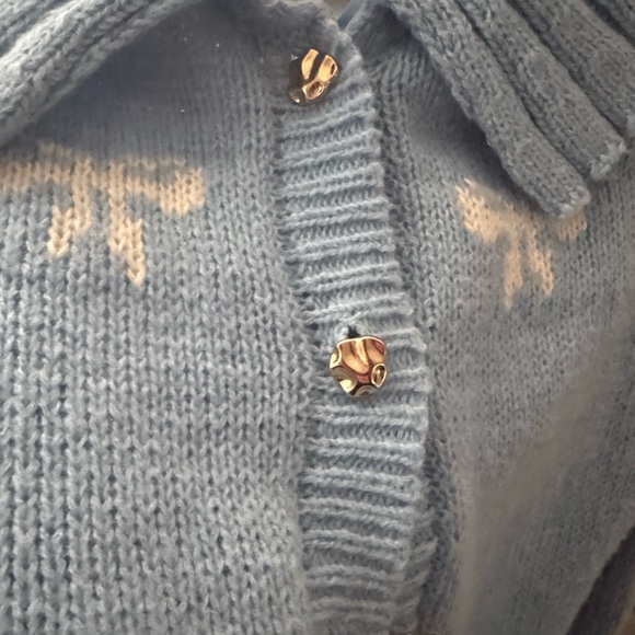 Sincerely Jules| Blue Cardigan Sweater with bows and gold button look. - Picture 5 of 5